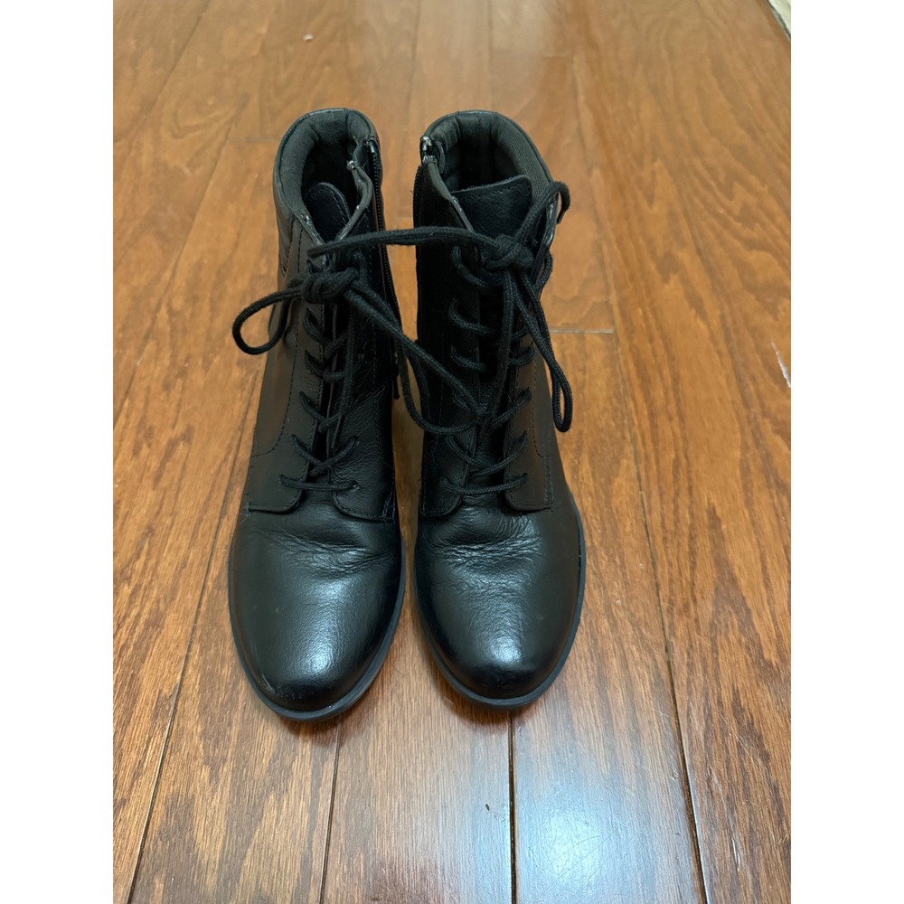 Clarks Collection Black Leather Lace Up Side Zip Ankle Boots Block Heel 26146074
